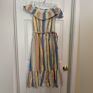 Draper James RSVP Off Shoulder Ruffle Sleeve Striped Midi Dress Cotton Women's L